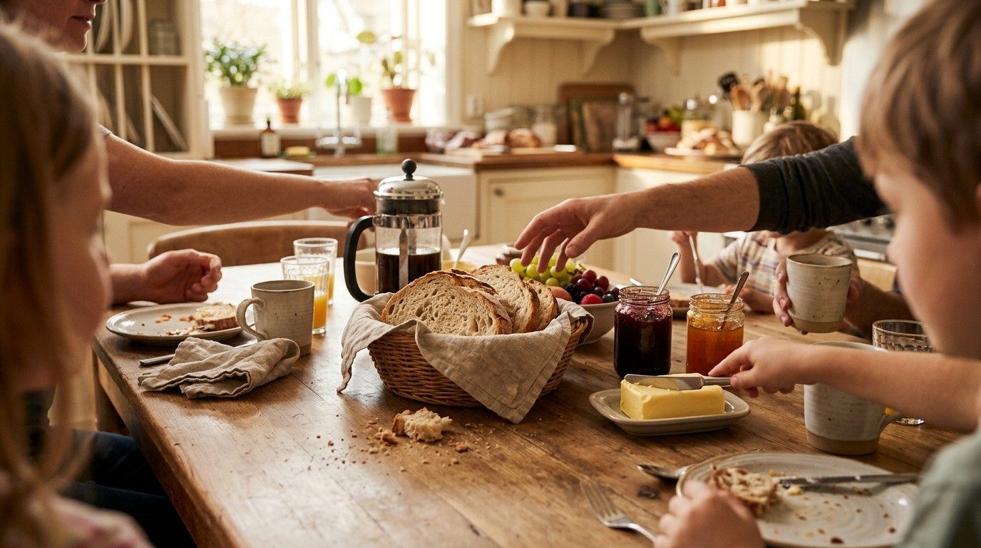 Family breakfast table with a basket of sliced homemade bread, butter, jam and fruit