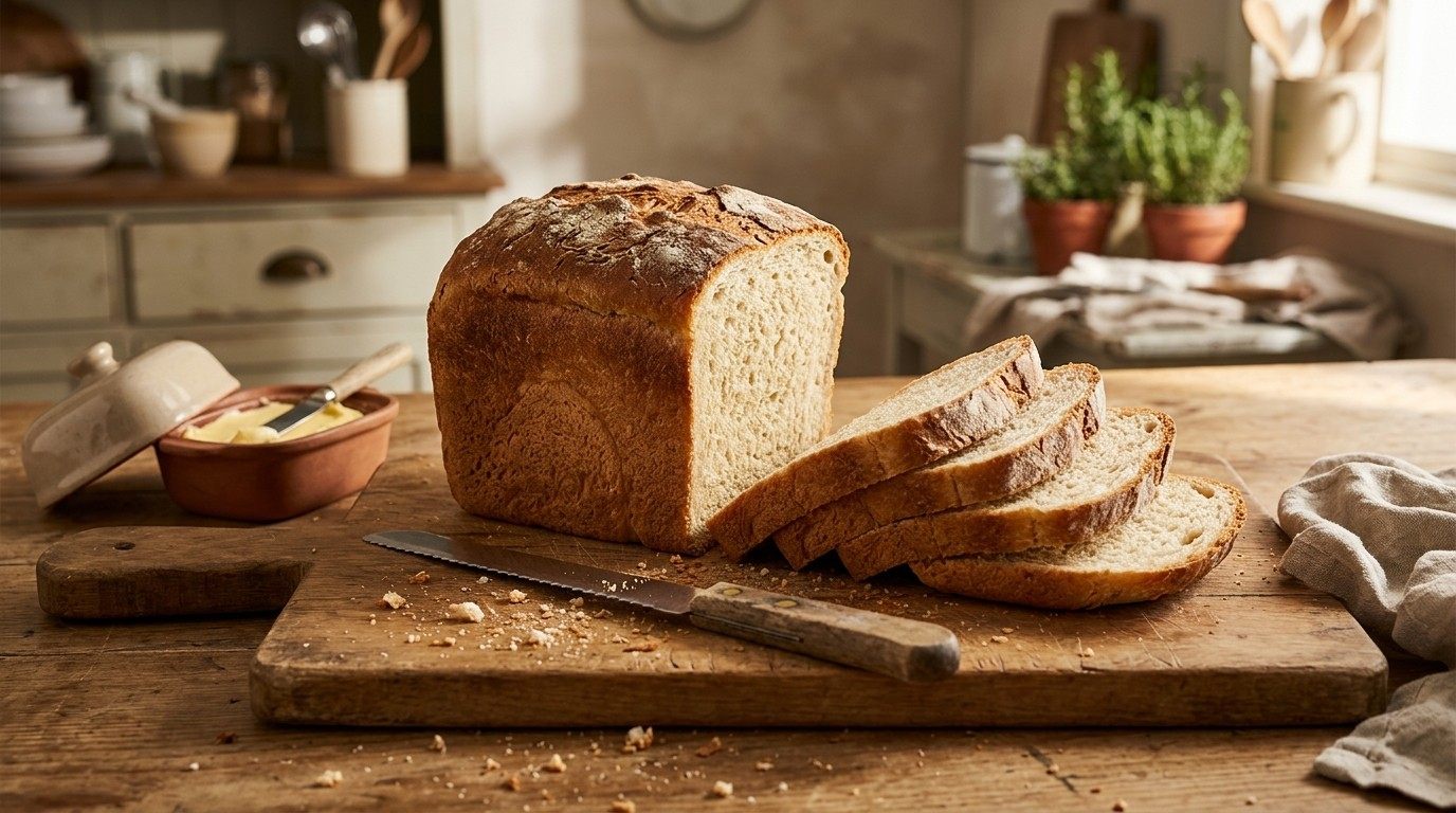 Tall homemade sandwich loaf with a golden crust, sliced on a wooden board with butter