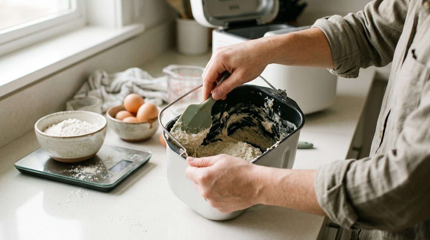 Home baker scraping gluten-free batter in a bread machine pan with a silicone spatula
