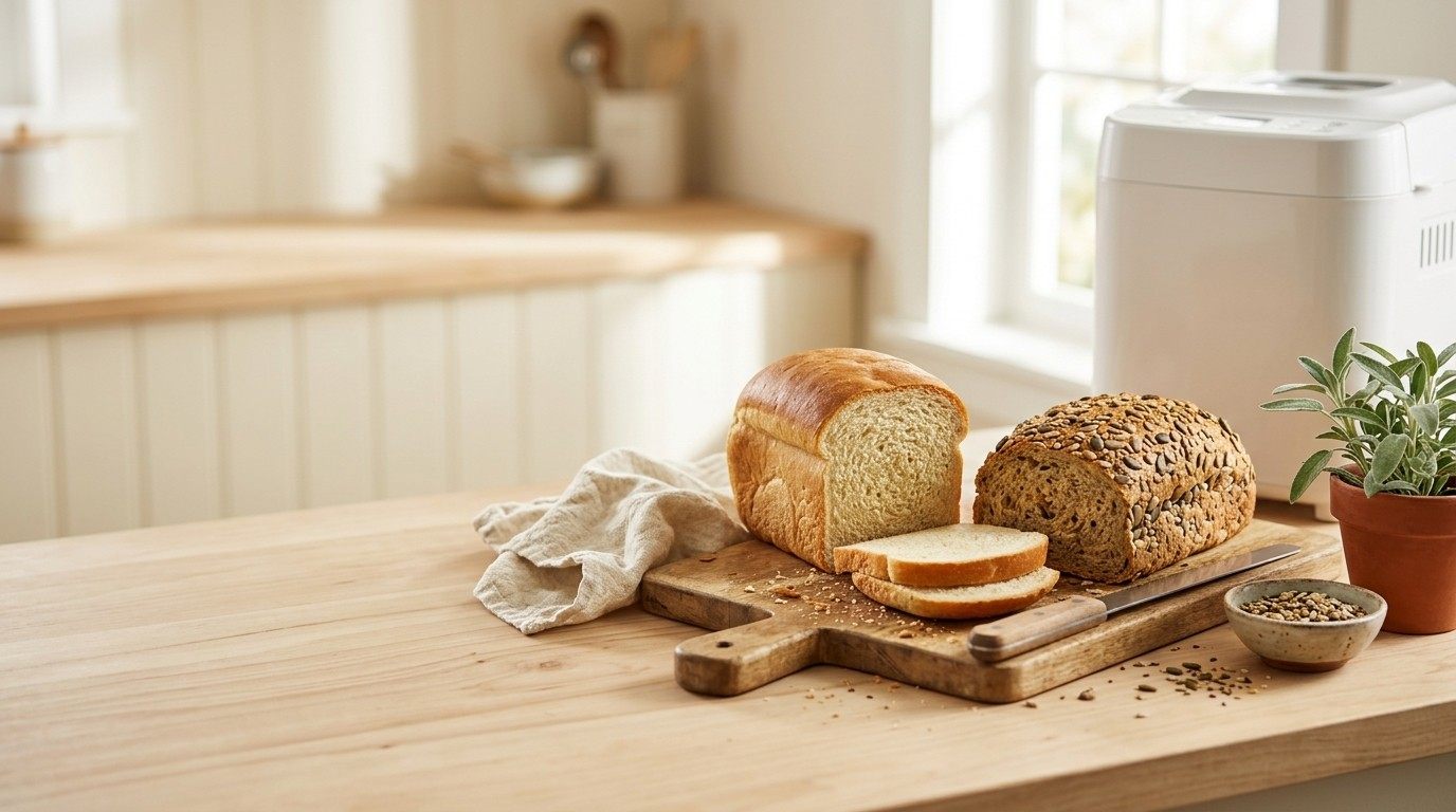 Homemade sandwich loaf and seeded whole-grain loaf on a wooden counter in a bright kitchen, with a white bread machine