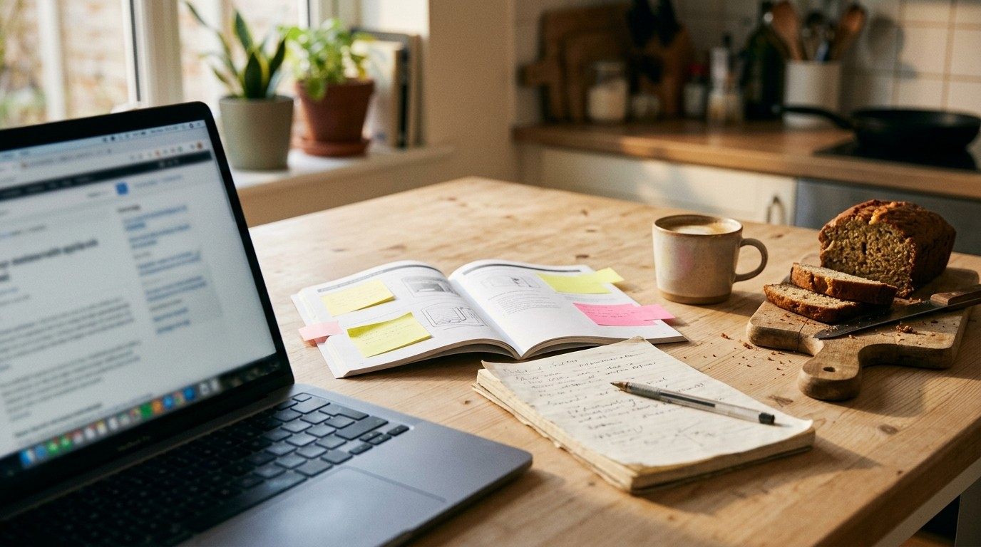 Kitchen table with a laptop, an appliance manual with sticky notes, handwritten notes and homemade bread